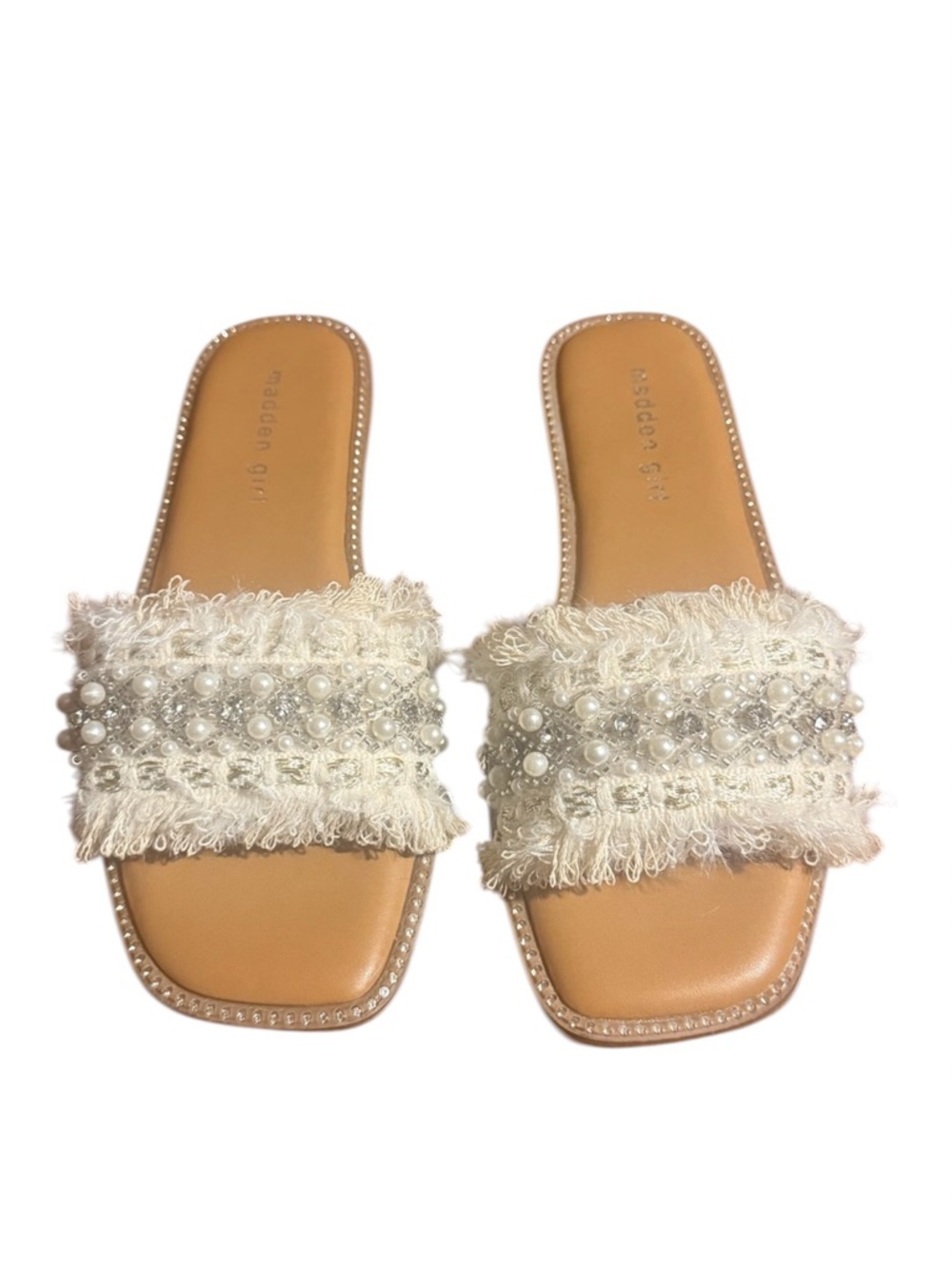 Embellished Ivory Fringe Slide Sandals - Women size 6